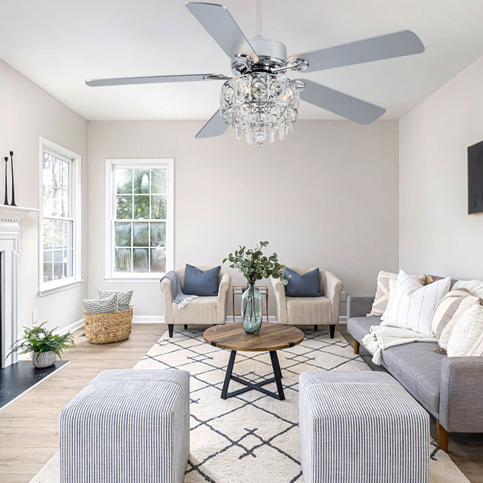 52" Modern Silver Crystal Ceiling Fan 6-speed with Dimmable Light and Remote, Chrome, 52"
