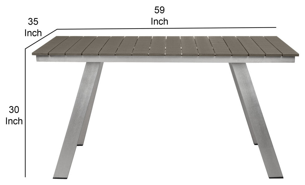 Benzara BM287730 Outdoor Table, Polyresin Plank Top, Smooth Gray Aluminum Frame