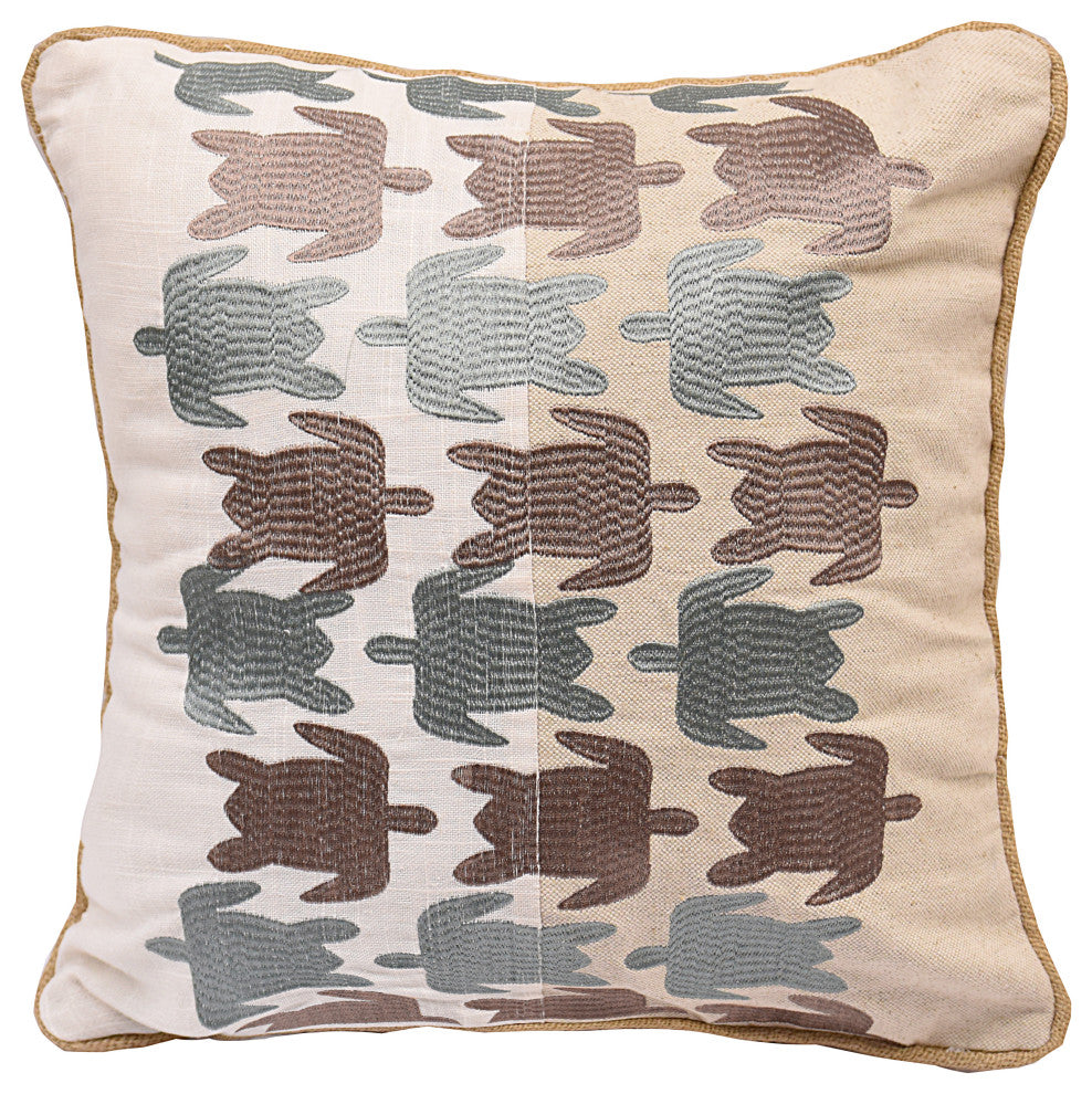 Turtle embroidered linen pillow, 18"x18"