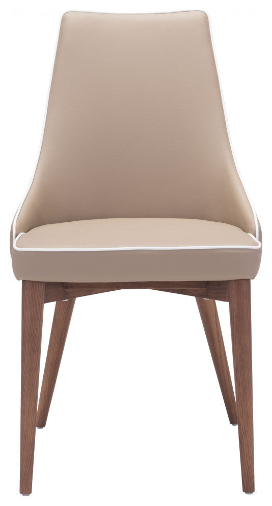 Set of Two Beige With White Piping and Walnut Dining Chairs