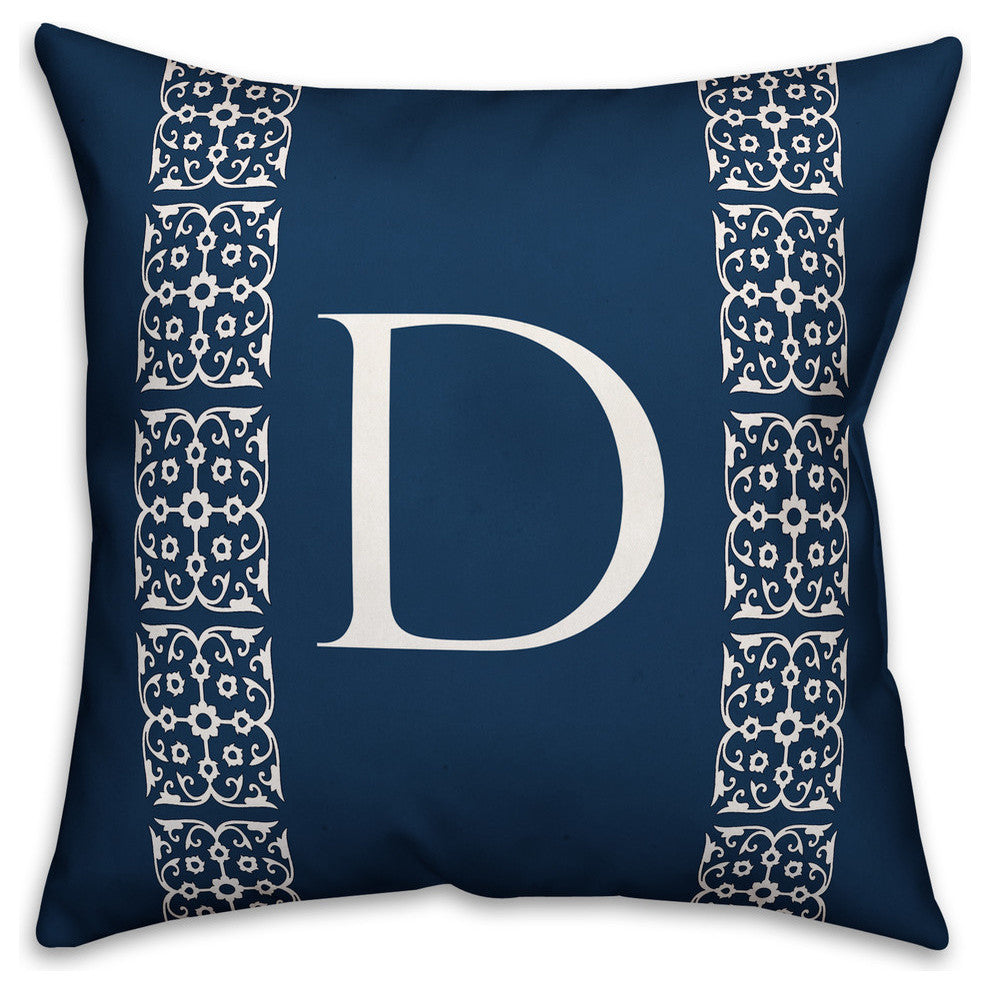 Navy with White Lace Pattern - Monogram D 18x18 Spun Poly Pillow