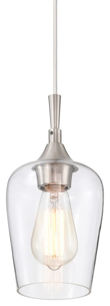 1-Light Brushed Nickel Modern Mini Pendant With Clear Glass Shade