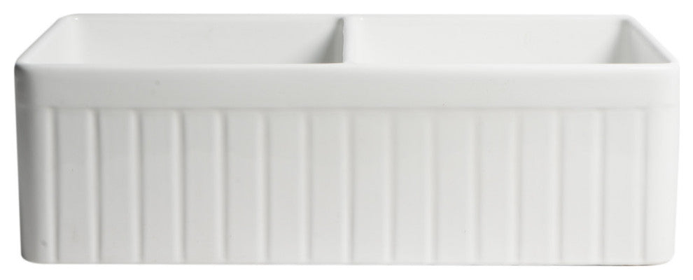 Smooth Apron Fireclay Farm Sink, White, 33"x18", Double Bowl
