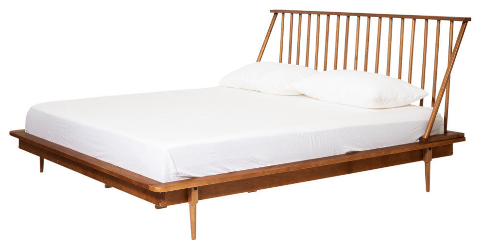 King Mid Century Modern Solid Wood Spindle Platform Bed - Caramel