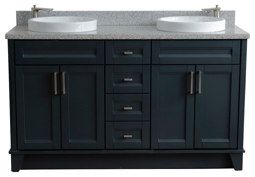 61" Double Sink Vanity, Dark Gray Finish And Gray Granite And Round Sink