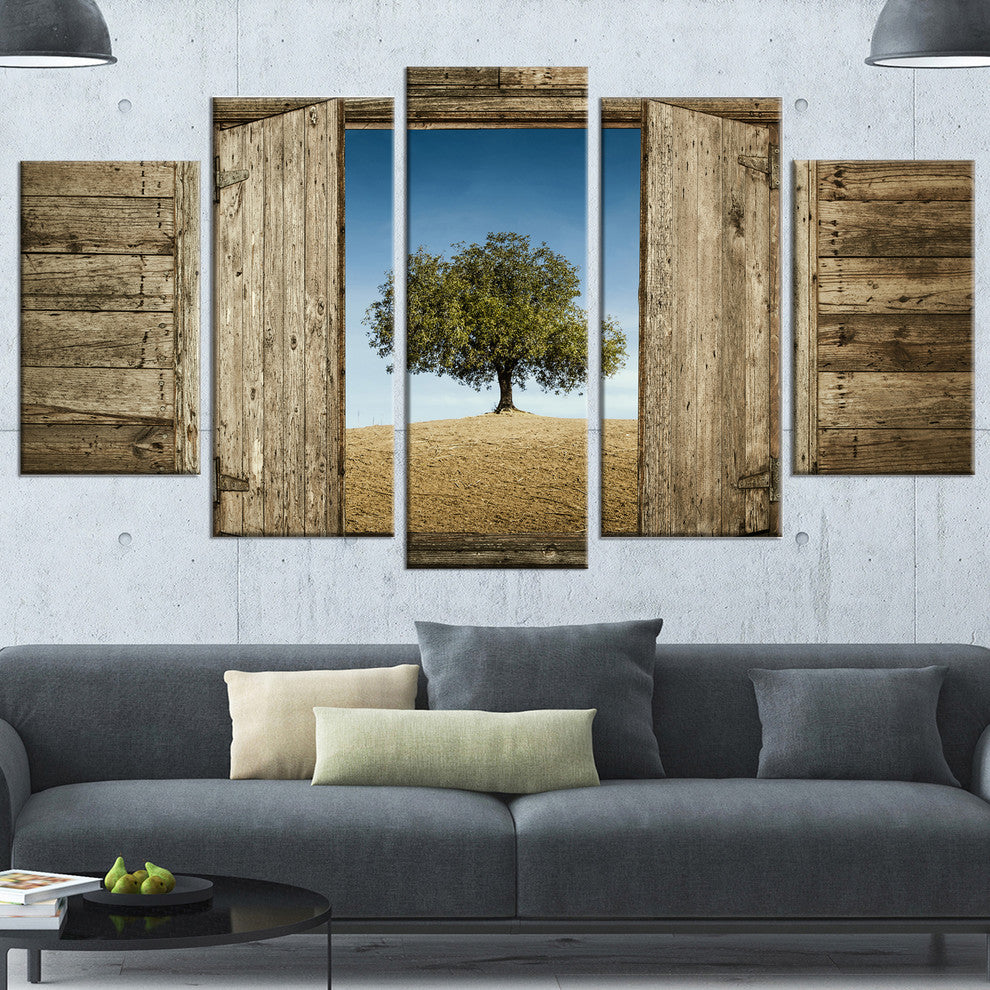 Window Open To Solitary Tree, Modern Landscape Canvas Art, 60"x32", 5 Panels