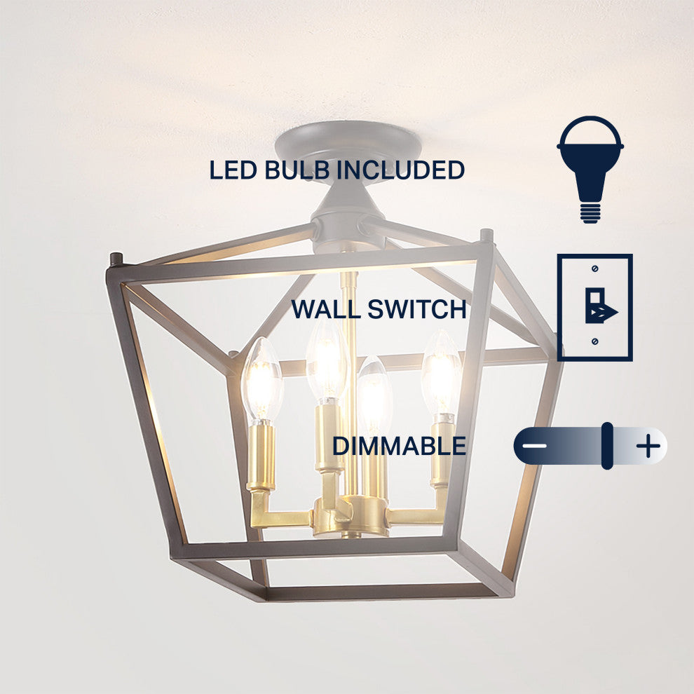 Mini Lantern 12" 4-Light Iron Farmhouse LED Flush Mount, Oil Rubbed Bronze/Gold