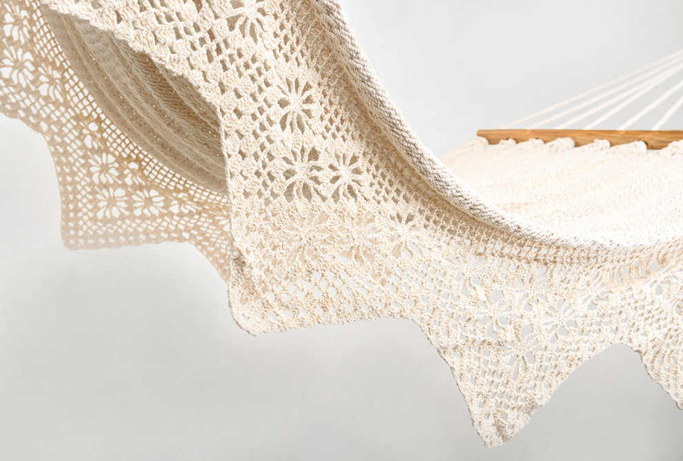 Boho Natural Cotton Hammock With Geometric Fringe, Wooden Bar