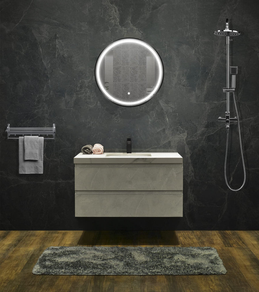 Large Round LED Lighted Bath Vanity Mirror, Black, 28"
