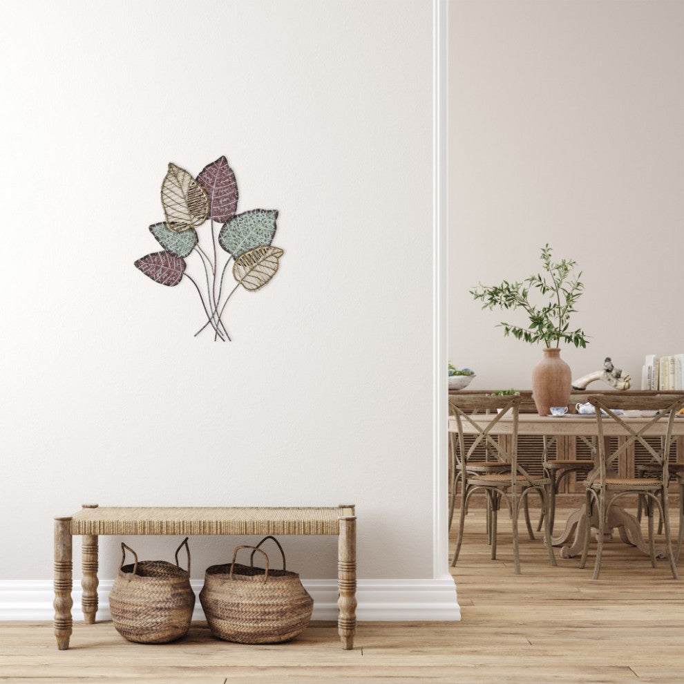 Botanical Metal Wall D"cor With Rattan Detailing