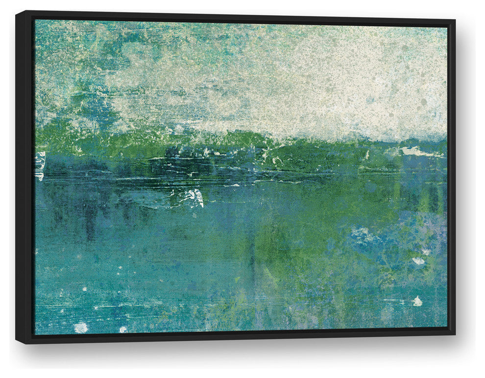 Blue Green Coastal Abstract 30x40 Black Floating Framed Canvas