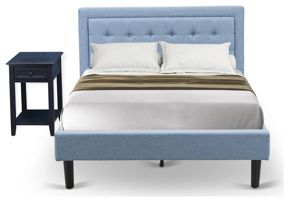 2-PieceFannin Full Size Bed Set, 1 Full Bed, End Table For Bedroom, Denim Blue