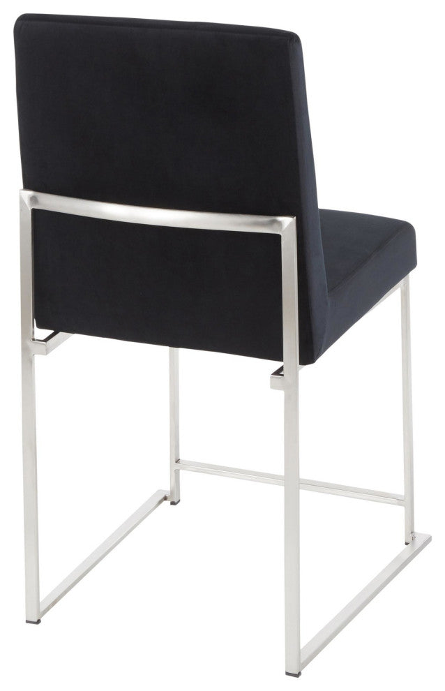 High Back Fuji Dining Chair, Stainless Steel/Black Velvet, Set of 2