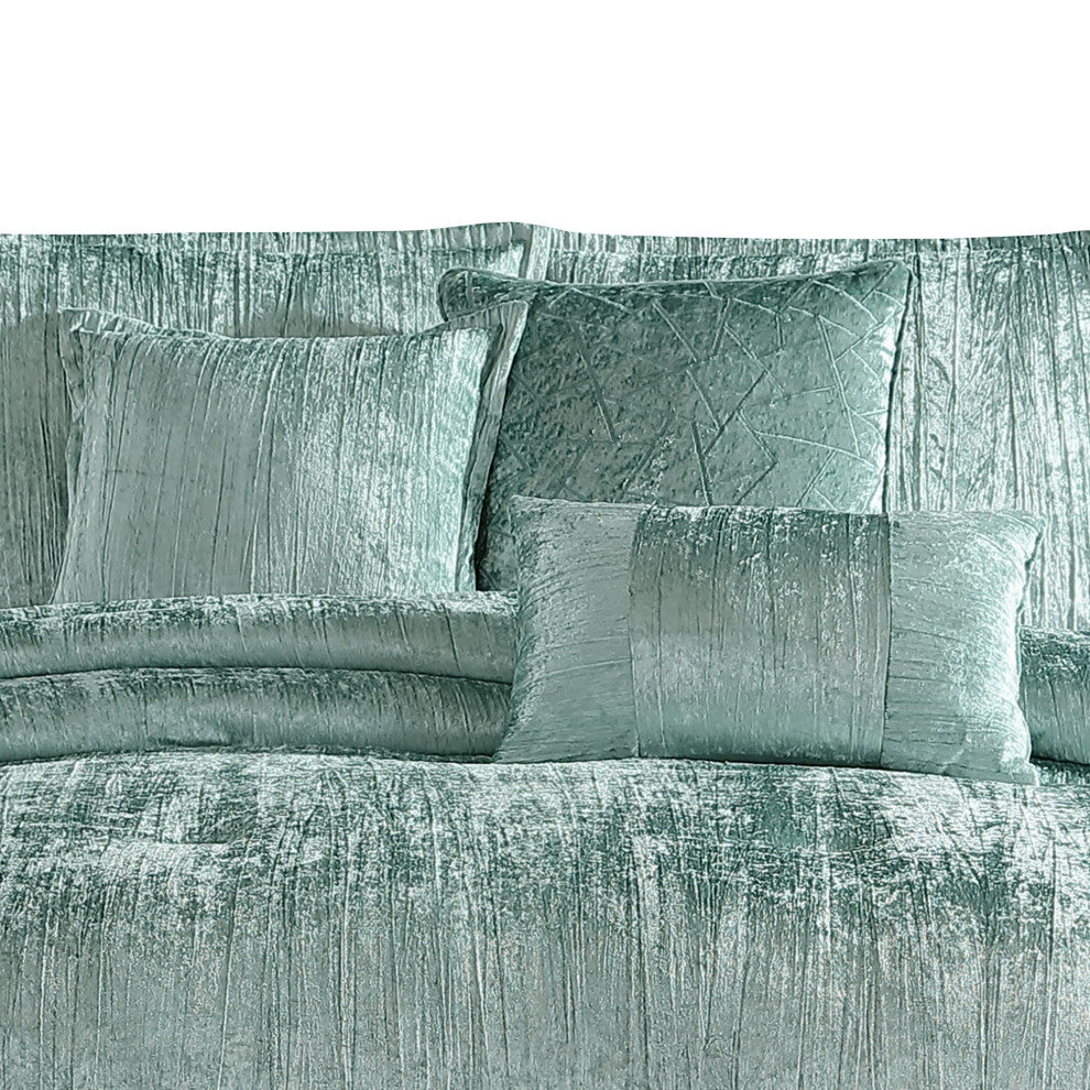 Benzara BM283894 7 Piece King Comforter Set, Polyester Velvet Texture, Green