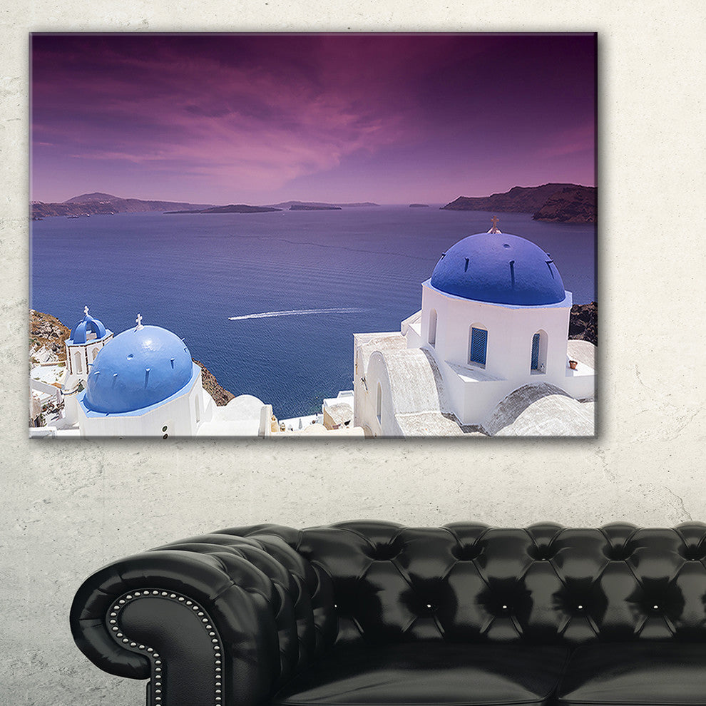 "Blue Domed Churches On Caldera" Landscape Print Wall Artwork, 32"x16"