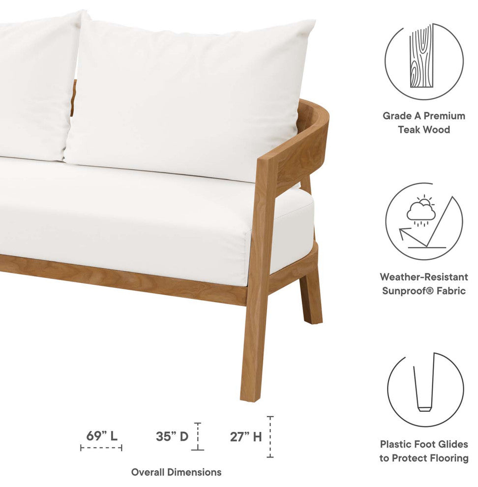 Sectional Sofa Chair Table Set, White Natural, Teak Wood, Modern, Outdoor Patio