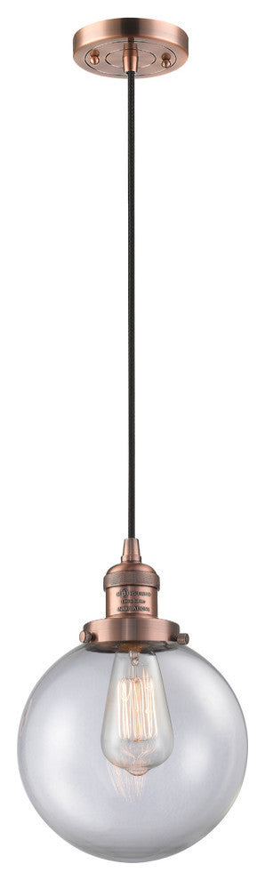 1-Light Beacon 8" Mini Pendant, Antique Copper, Glass: Clear