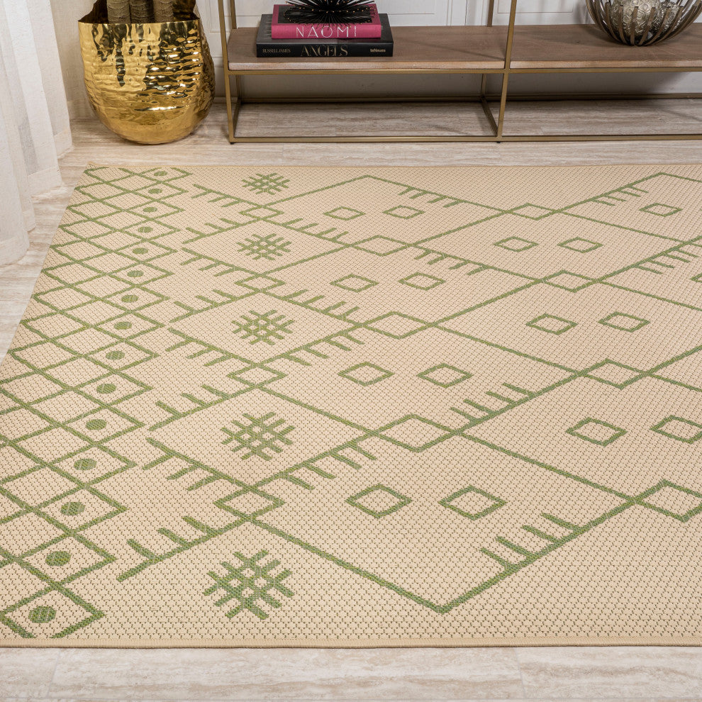 Boho Moroccan Indoor/Outdoor Area Rug, Beige/Green, 3'x5'