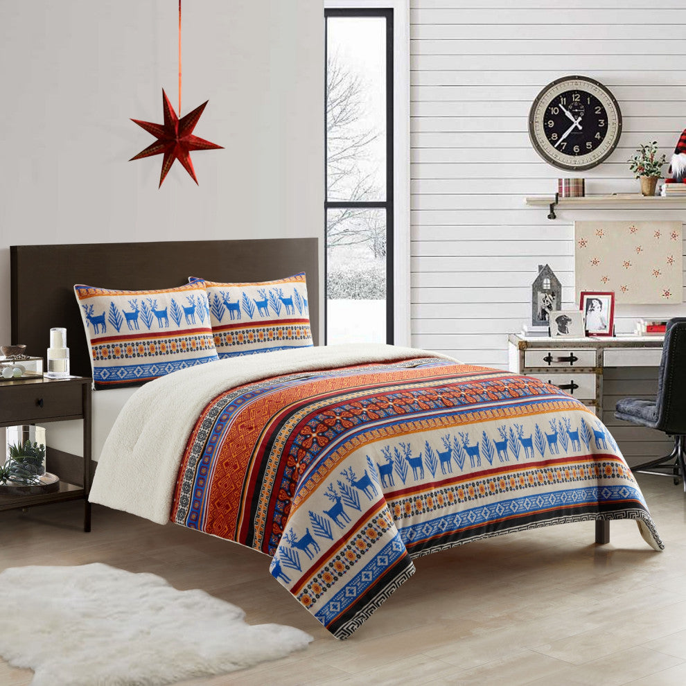 Noelle 3 Piece Sherpa Comforter Bed Set, Multi-Color, Elk Animal Print, Queen