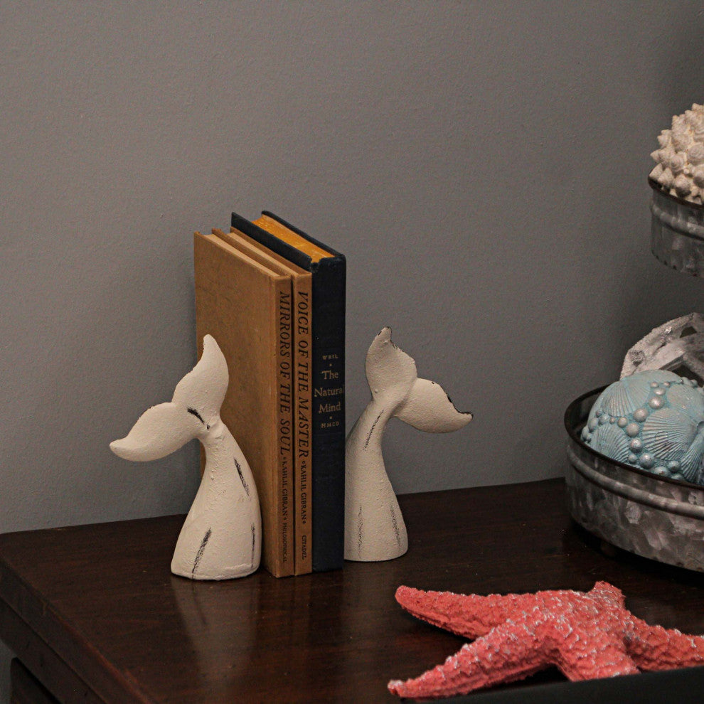 Set of 2 White Cast Iron Whale Tail Bookends Nautical Home Decor Bookshelf