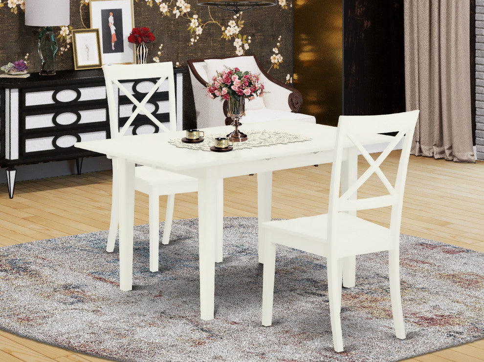 3-PieceDining Table Set 2 Dining Chairs, Butterfly Leaf Table, Linen White