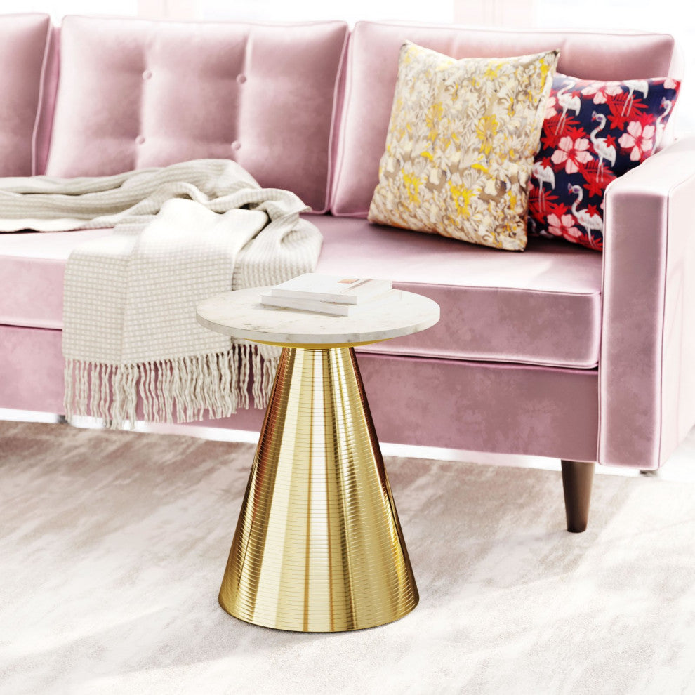 Sofa Side Table, Round, Artificial Marble, Aluminum Metal, White, Gold, Lounge