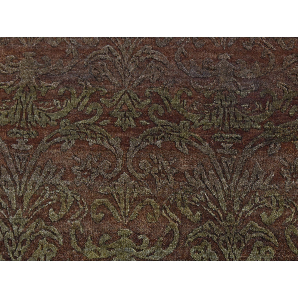 Brown, Abarasque Design, Wool and Silk Hand Knotted Runner Rug, 2'5"x11'4"