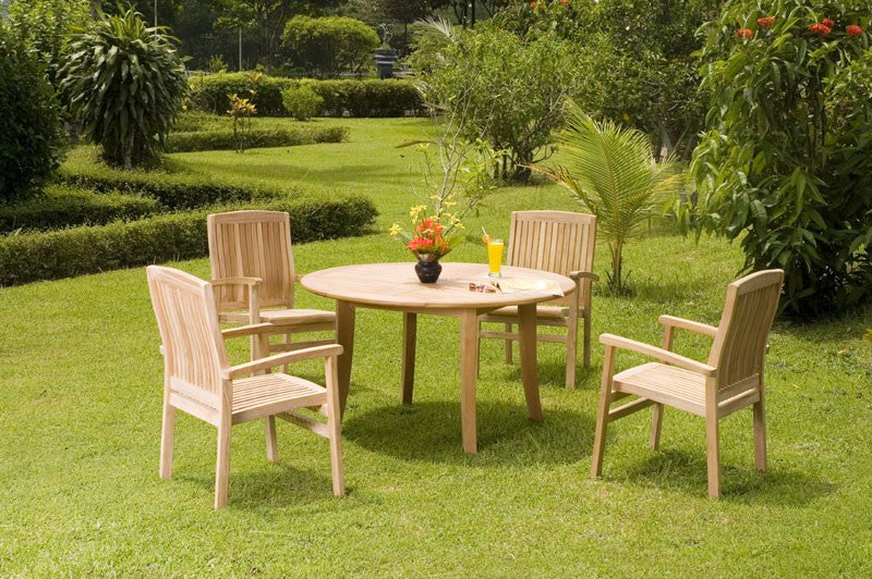 5-Piece Outdoor Teak Dining Set: 52" Round Table, 4 Wave Stacking Arm Chairs