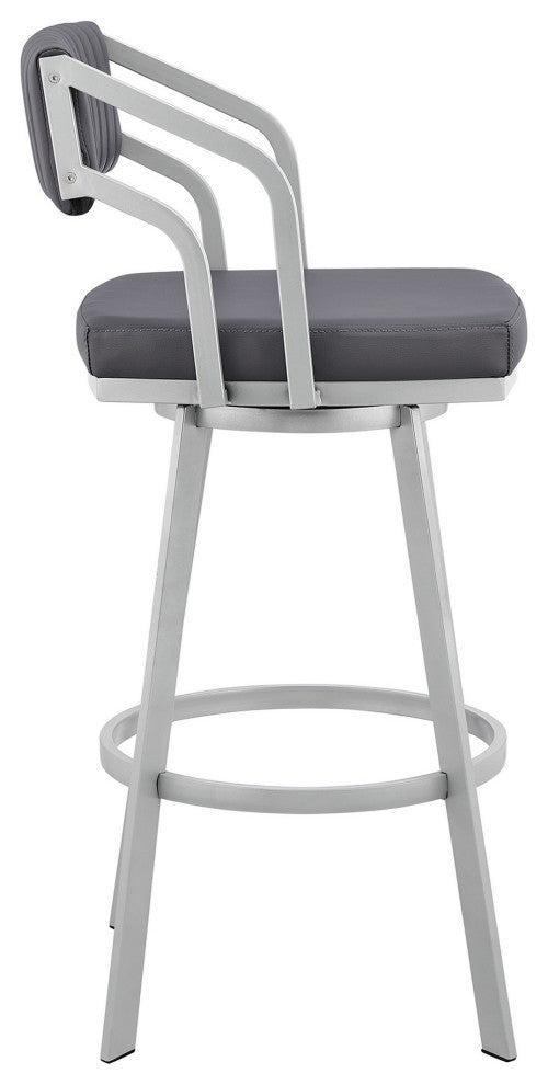Benzara BM282087 Blake 30" Swivel Bar Stool Open Back, Silver, Gray Faux Leather
