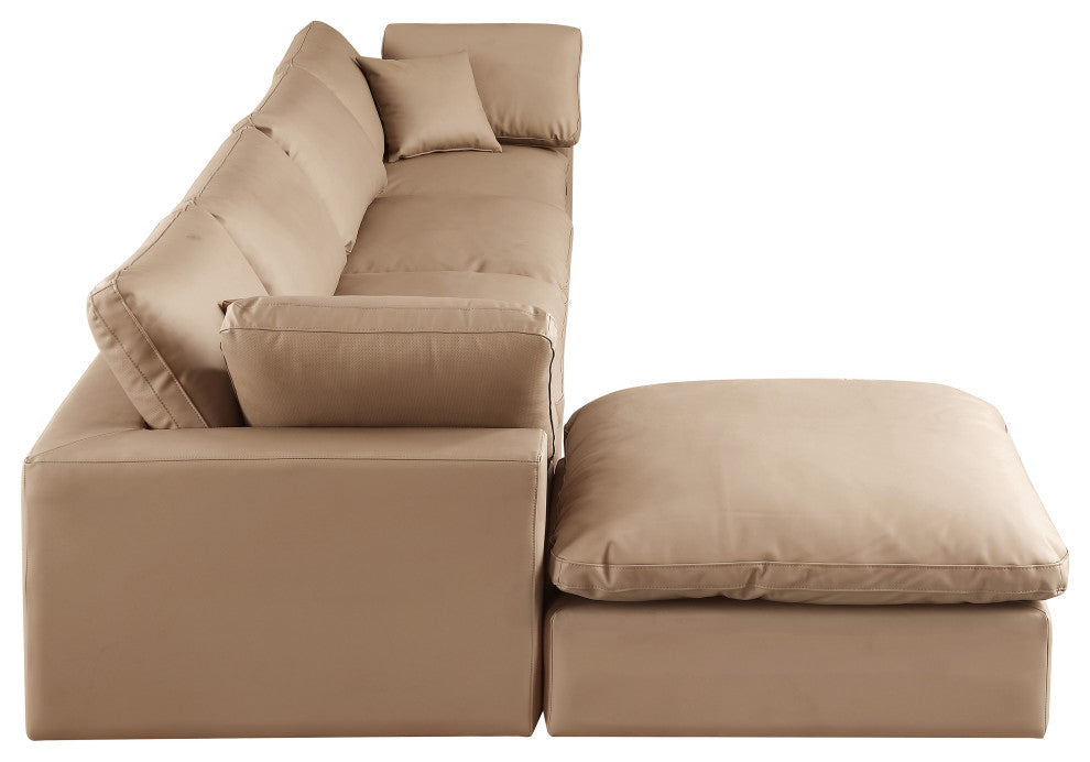 Comfy Upholstered L-Shaped Modular Sectional, Tan, 5-Piece: 2 Armless Chair, 2 Corner Chair, 1 Ottoman, Vegan Leather