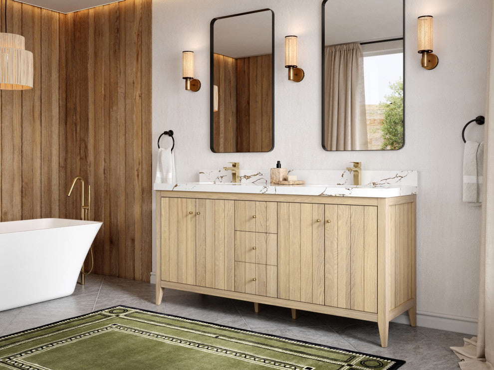 Atlanta Oak 72" Double Sink Bath Vanity, White 2" Carrara Marble