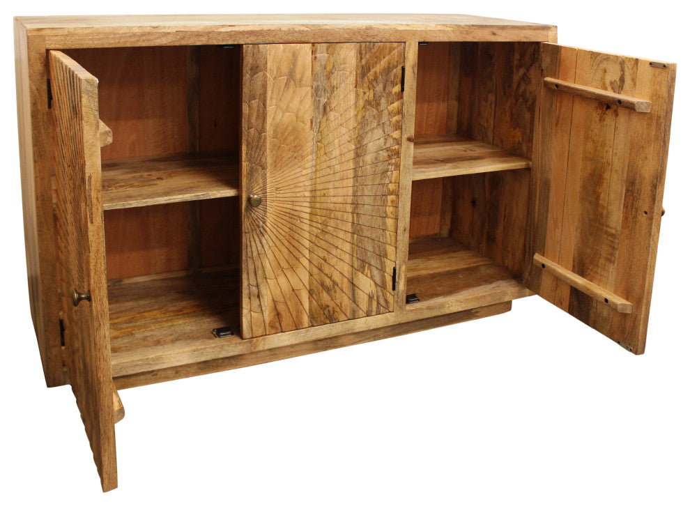 Moti Sunbright 3 Hand Carved Doors Mid-Century Solid Wood Sideboard, Natural