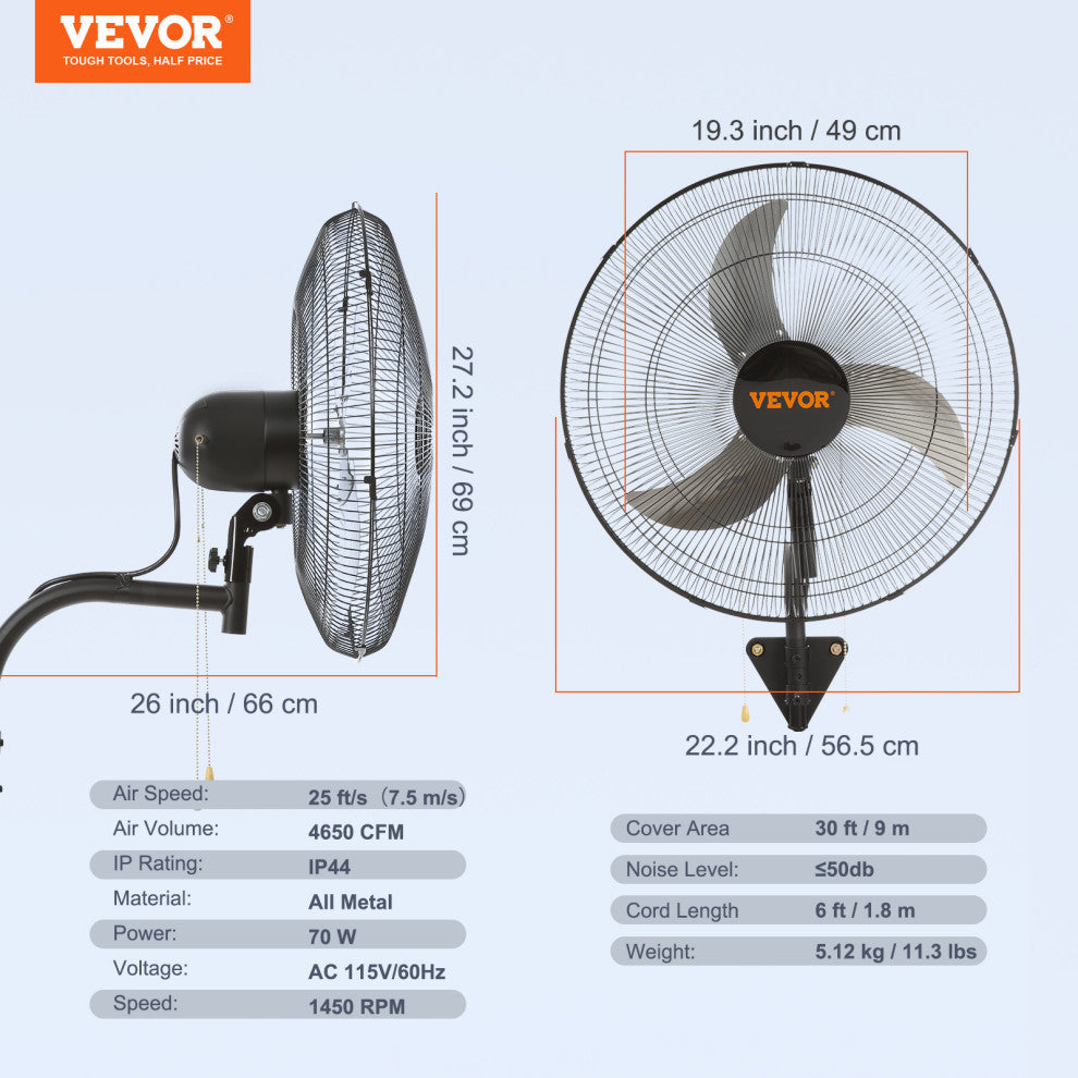 VEVOR Industrial Wall Mount Fan Oscillating Metal Fan 3 Speed, 20"