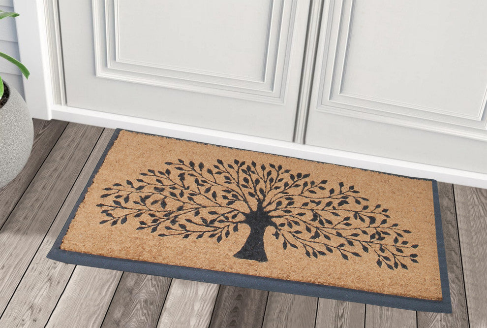 A1HC Flocked Rubber and Coir Molded Double Doormat, Shedding Leaf Design, Beige/Black, 30"x48"
