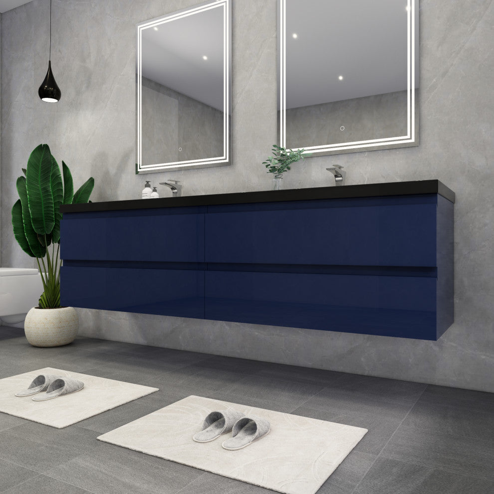 Belli 84" Double Sink Wall Mount Vanity Set, High Gloss Night Blue, Matt Black Top