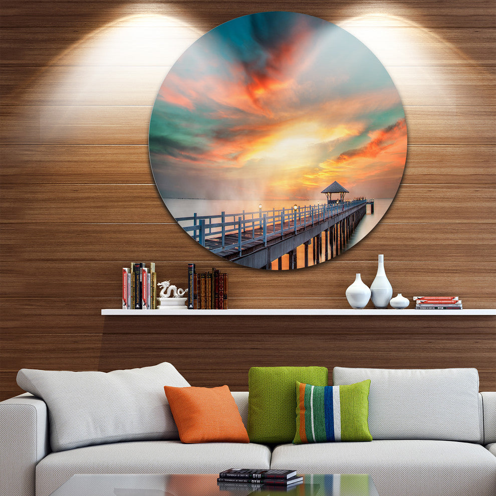 Fascinating Sky And Wooden Bridge, Seascape Round Metal Wall Art, 36"