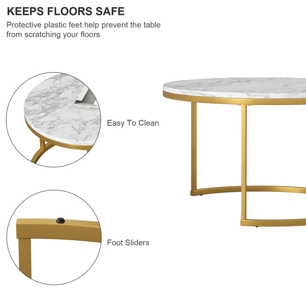 29 .5" Golden Frame Marble Color Top Round Wood Coffee Table, 2-Piece Set