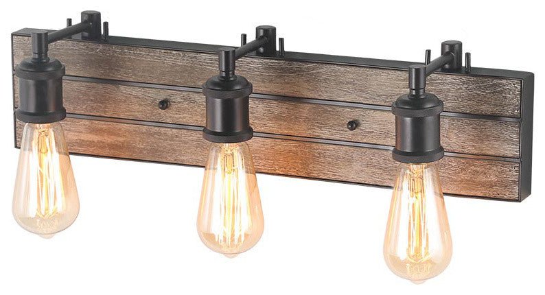 LNC 3-Light Industrial Farmhouse Wall Light, Exposed Bulbs, Wood Backplate