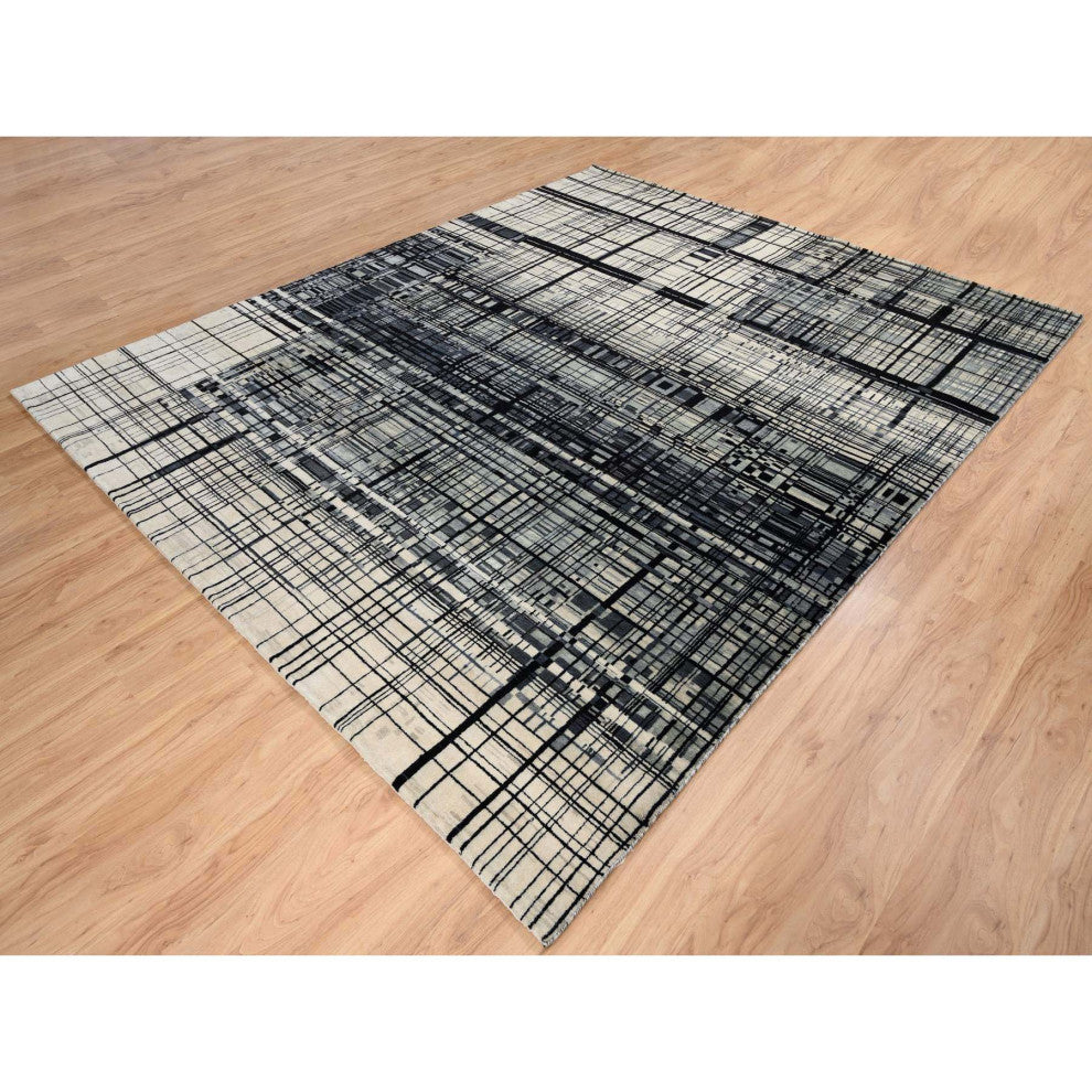 Black, Modern Lines Design, Ghazni Wool, Hand Knotted, Oriental Rug, 8'2" x 9'9"