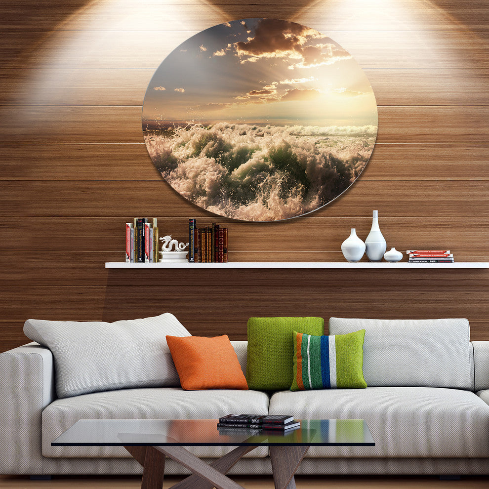 Troubled White Waves On Beach, Seashore Round Wall Art, 36"