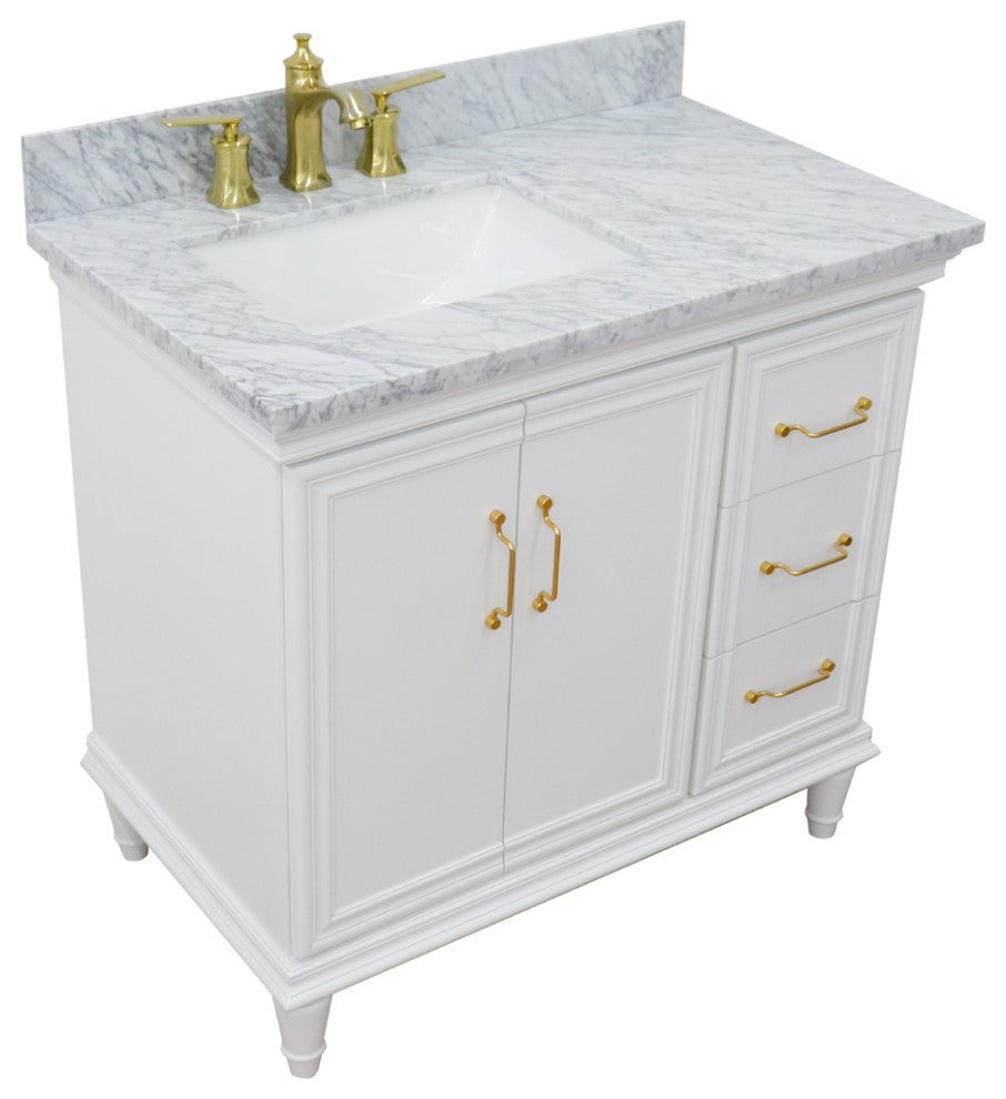 37" Single Vanity, White Finish With White Carrara