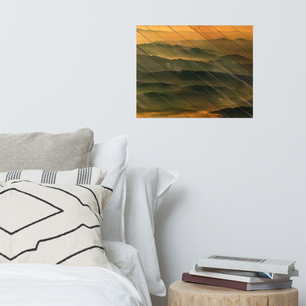 Faux Wood Foggy Mountain Layers at Sunset Landscape Unframed Wall Art Prints, 16" X 20"