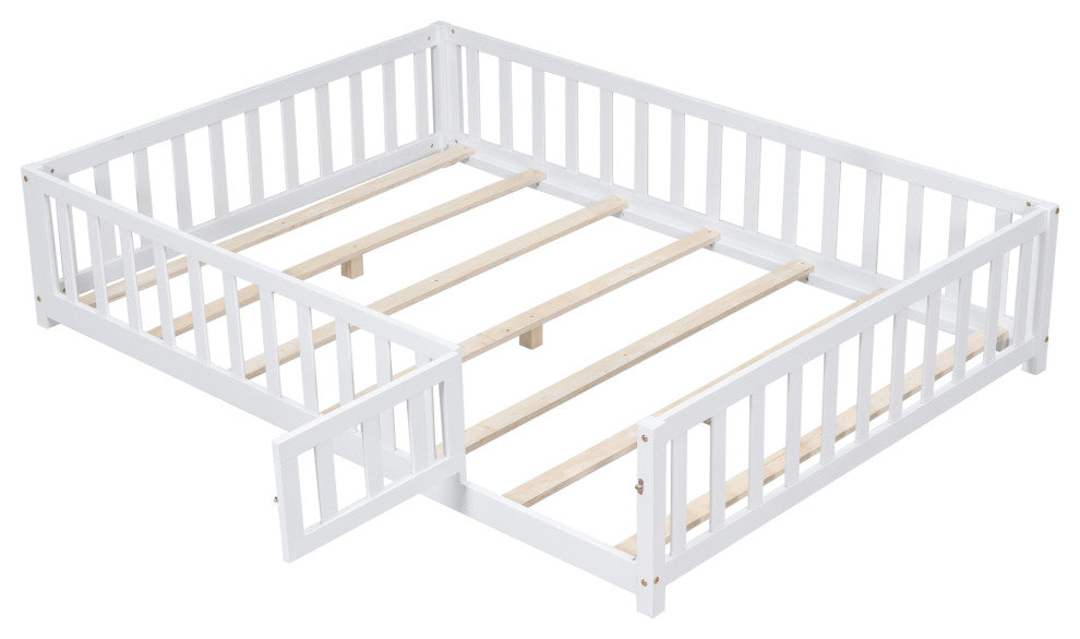 Gewnee Full Size Floor Platform Bed with Fence and Door, White