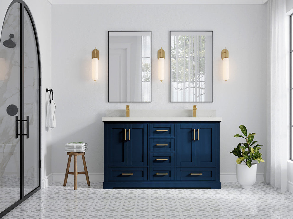 Boston 60 Double Bathroom Vanity in Navy Blue 2" Carrara Quartz