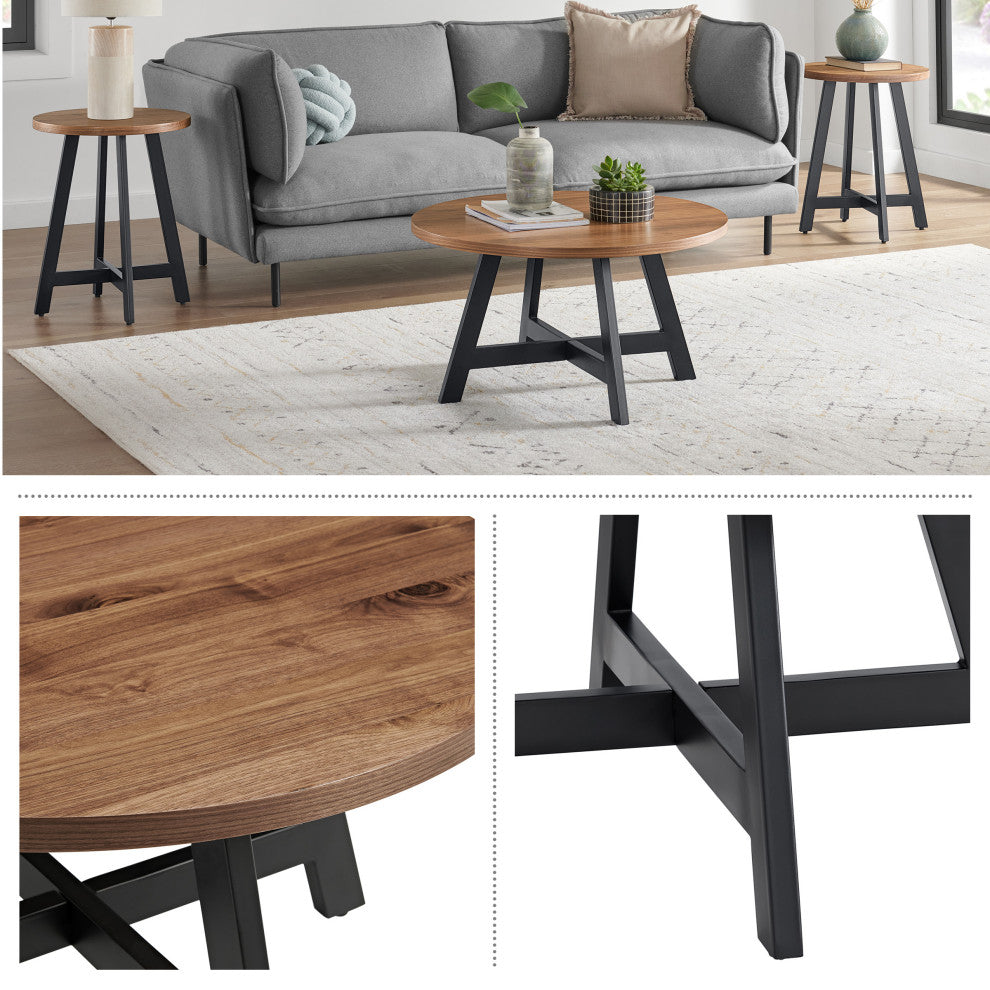 3-Piece Coffee Table Set Industrial Modern Round Coffee Table and 2 Side Tables