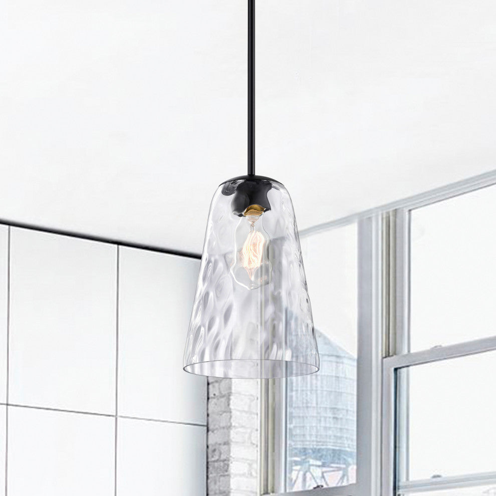 1-Light Matte Black 8 in. Mini Pendant With Hammered Glass Shade