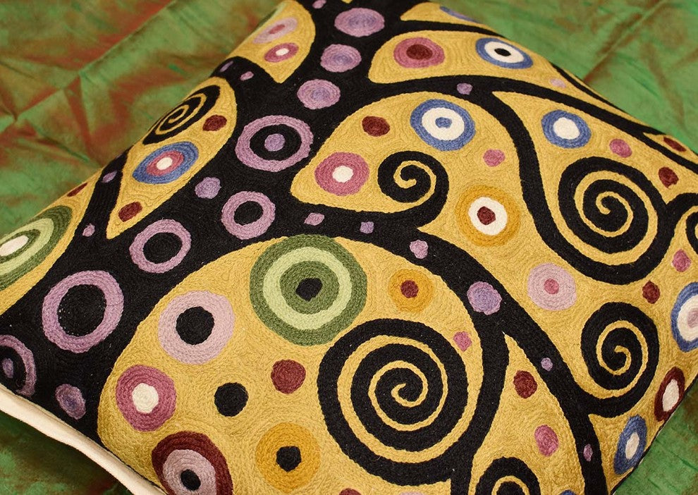 Klimt Tree of Life Yellow Pillow Cover Soulful Hand Embroidered Wool 18x18"