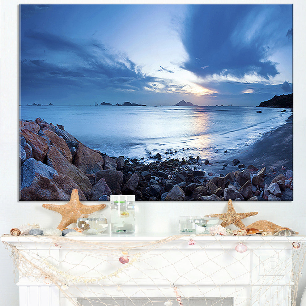"Blue Sea Sunset on Sandy Coastline" Seascape Wall Art, 1 Panel, 60"x28"