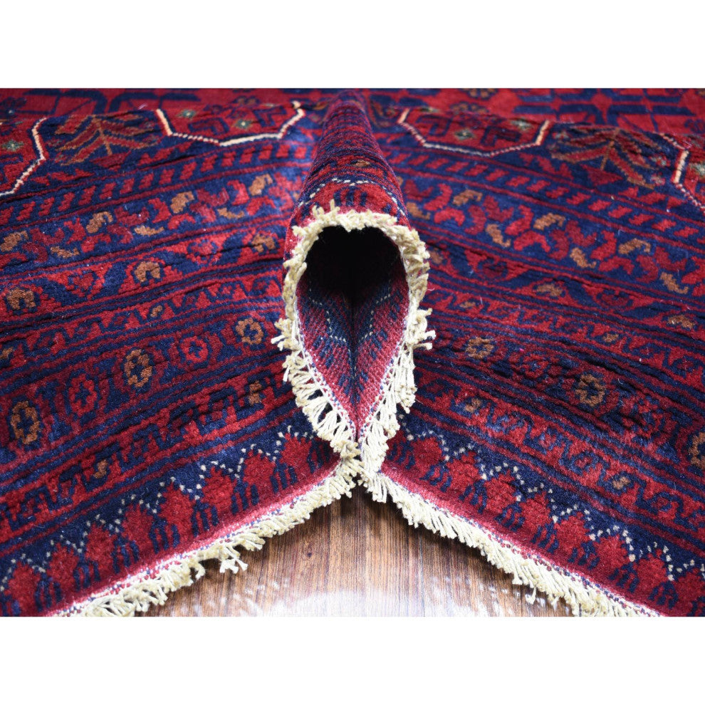 Red Hand Knotted Soft Shiny Wool Afghan Khamyab Geometric Design Rug, 10'x12'10"