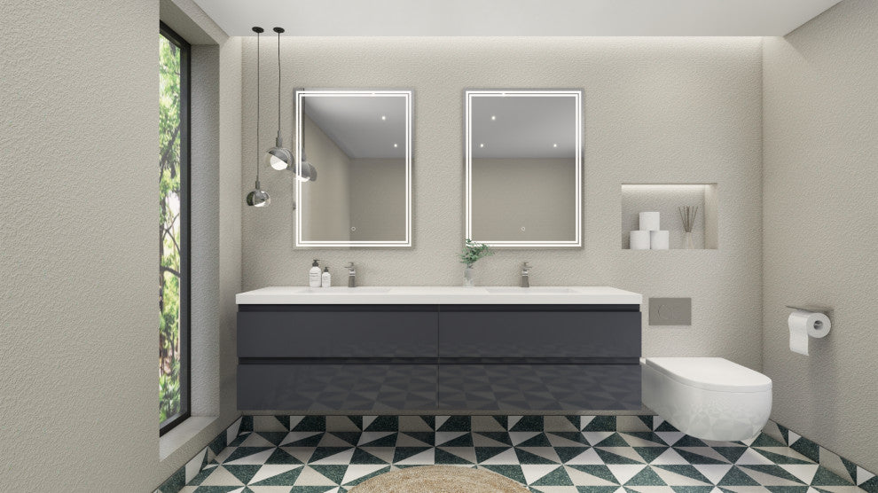 Belli 84" Double Sink Wall Mount Vanity Set, High Gloss Gray, Glossy White Top